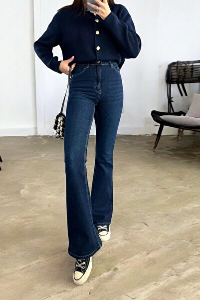byhaziran butik Misya Yüksek Bel Likralı Koyu Mavi Kadın Flare Jean Pantolon
