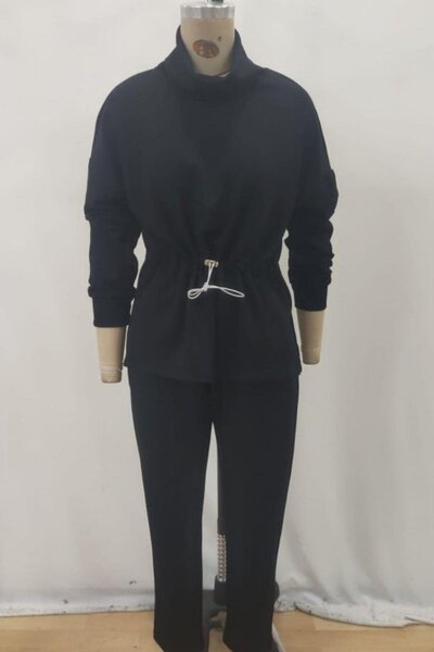 Mossta Turtleneck Elastic Modal Blouse Pants Two-Piece Set - Black