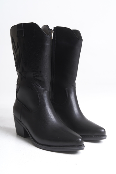 meyra'nın ayakkabıları Women's Black Leather Long Cowboy Boots