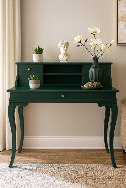 Wooding Mobilya 110 Cm 5 Çekmeceli Masif Yeşil Raflı Çalışma Masası