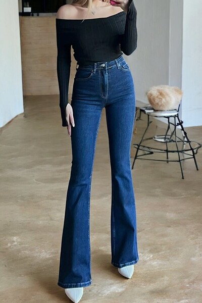 byhaziran butik Keisa Women's Denim Spanish Leg Dark Blue Stretchy Jeans