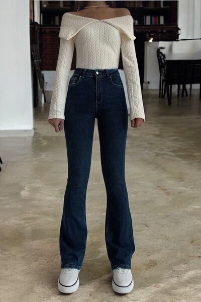 byhaziran butik Retica Comfortable Fit Lycra Women's Flare Dark Blue Jeans