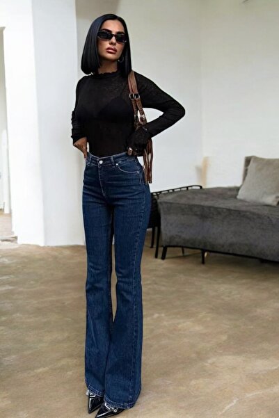 byhaziran butik Sua Flexible Denim Dark Blue Flared Jeans Women