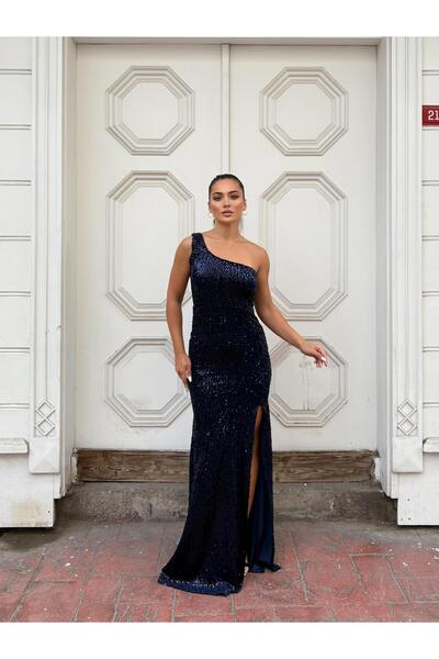 Modafeminen Trend Velvet Slit Dress Dark Blue 583150