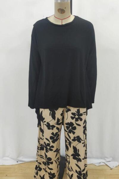 Mossta Asymmetrical Cut Blouse Patterned Trousers Two-Piece Set - Black