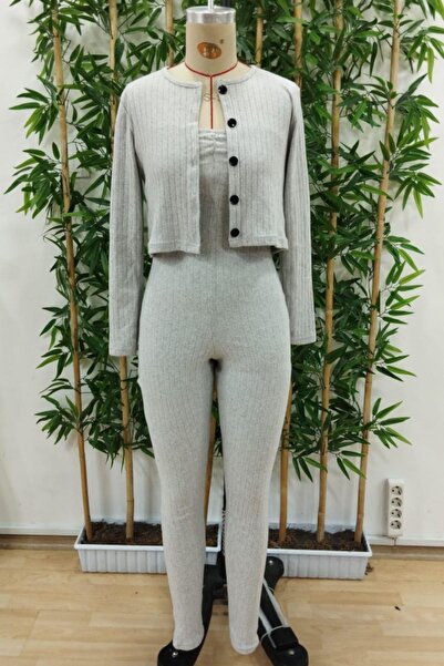 Mossta Strapless Jumpsuit and Crop Cardigan Ribbed Camisole Two-Piece Set - Gray