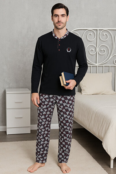 bendengiy Erkek Üç Düğmeli Pamuklu Uzun Kollu Pijama Takımı