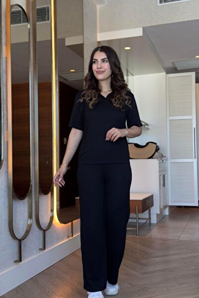 Mossta Polo Neck Blouse Pants Two-Piece Set - Black