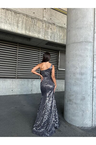 Modafeminen Trend Kadife Yırtmaçlı Elbise GRİ 583150