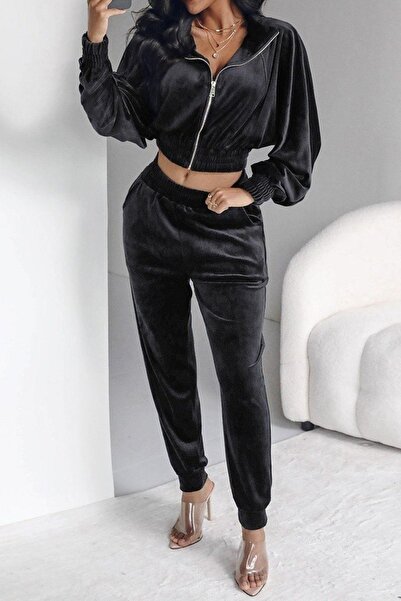Mossta Velvet Crop Jacket and Pants Two Piece Set - Black