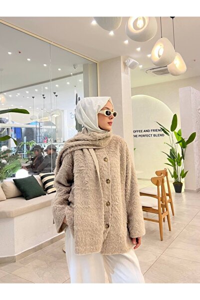 BZ BUTİK Angora Coat with Button Detail and Scarf Detail