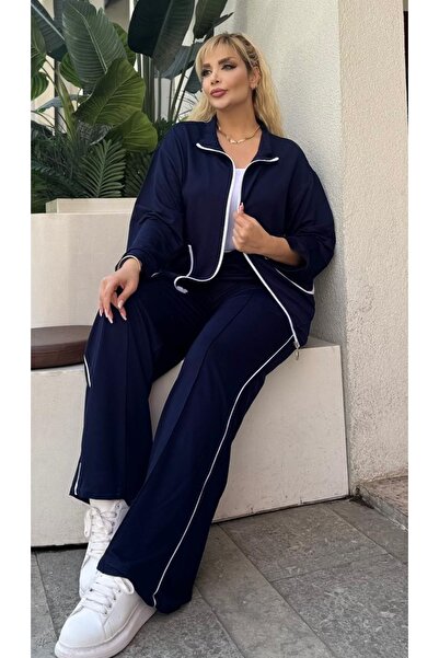 Butik Nilyam Дамски комплект от спортен екип с бял кардиган с релефни детайли и еластична материя, размер плюс 25050