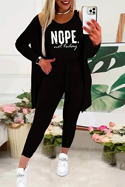 Mossta Printed Blouse Jacket Pants 3-Piece Set - Black