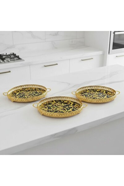 FAIR HOME 3 Adet Gold Renk Vav Desen Metal Çerçeveli Cam Nişan-Servis Tepsi S...