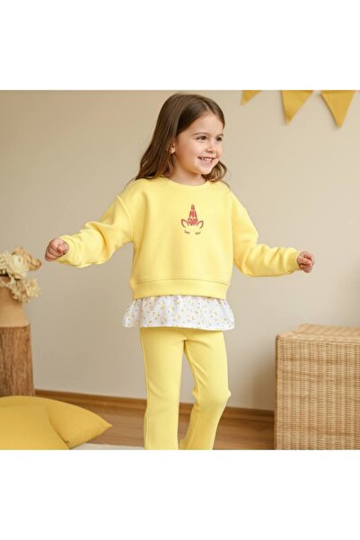 UNİCORNKİDS Detaylı 3 İplik Sweatshirtlü Kaşkorse İspanyol Taytlı Kız Çocuk Takımı