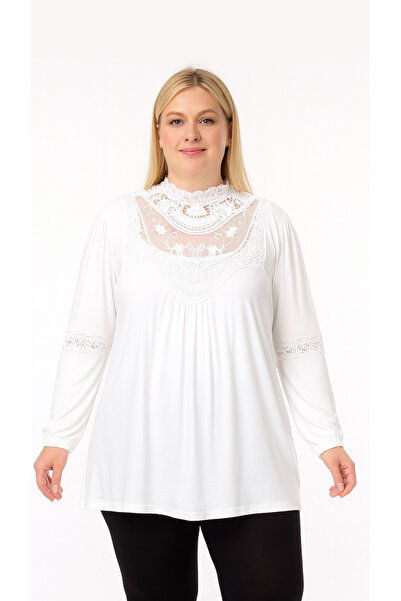 HÜLYA BUTİK Kadın Krem Renk Yaka Dantel Detaylı Kol lastikli Bluz