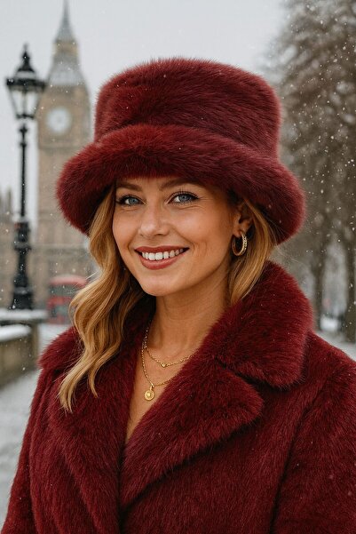 FELLMENS Pălărie de damă din pluș de mango din blană artificială burgundy