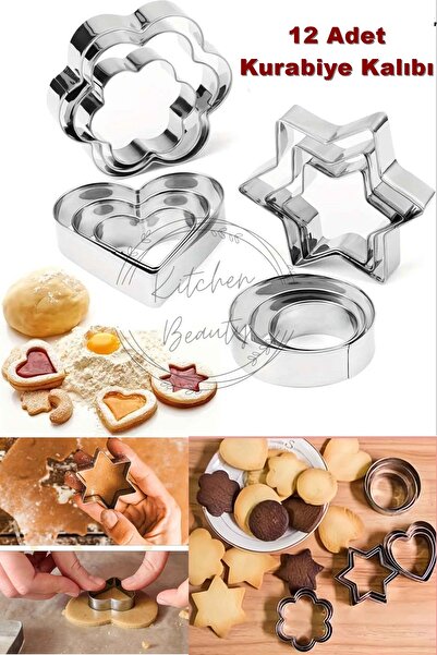 Kitchen Beauty 12 Adet Paslanmaz Çelik Kurabiye Kalıbı Kalp,Yıldız,Çiçek,Yuvarlak Kek,Bisküvi Kurabiye Kalıbı