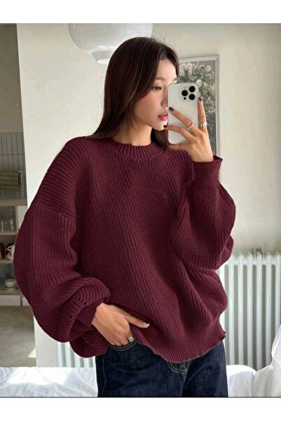 Kadın Bordo Selanik Kazak Oversize Triko Bisiklet Yaka Yumuşak Dokulu Rahat Kalıp Kış Modeli