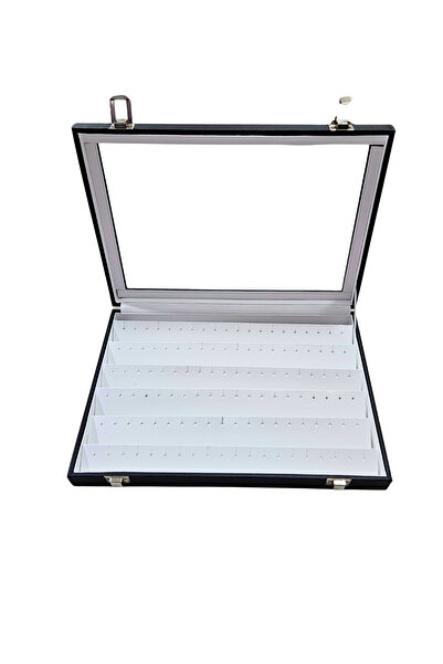 ÖZER KUTU Camlı Kapaklı Küpe -takı Tablası Siyah Deri / Içi Beyaz