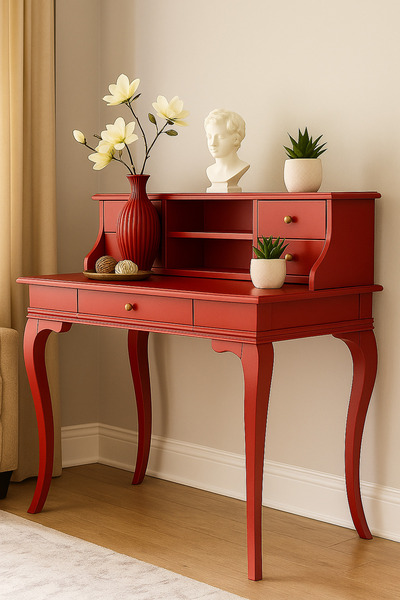 Wooding Mobilya 120 Cm 5 Çekmeceli Masif Kırmızı Raflı Çalışma Masası