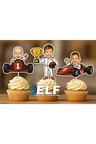 ELF REKLAM Kişiye Özel Yarış Arabalı Cupcake Süsü Kürdan Süs ( 10 Adet )