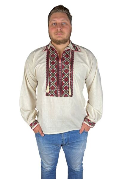 rody's forever Men’s Traditional Romanian Shirt CPB3 Beige/Red