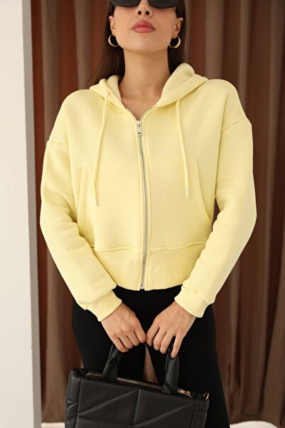 cemo Kadın Fermuarlı Kapşonlu Beyaz Bol Crop Sweatshirt