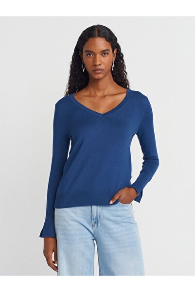 Dilvin V-Neck Sleeve Slit Sweater