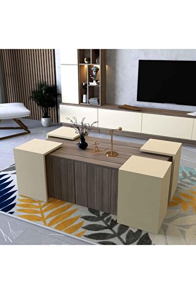 Stylish Home طاولة مركزية خشبية مع طاولات تقديم - CT61 120x33.4x120 بيج