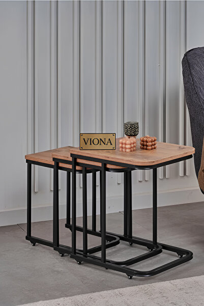 VIONA HOME Moris Zigon Sehpa 3'lü Tekerlekli Metal Ayaklı Yan Sehpa