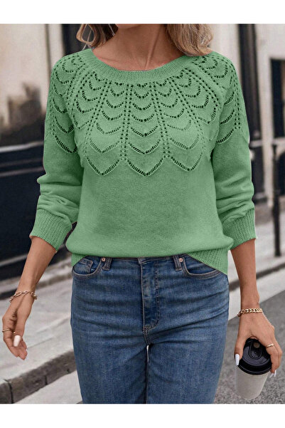 hanope Γυναικείο πλεκτό πουλόβερ με μακρυμάνικο μοτίβο με ανοιχτόχρωμο λαιμόκοψη