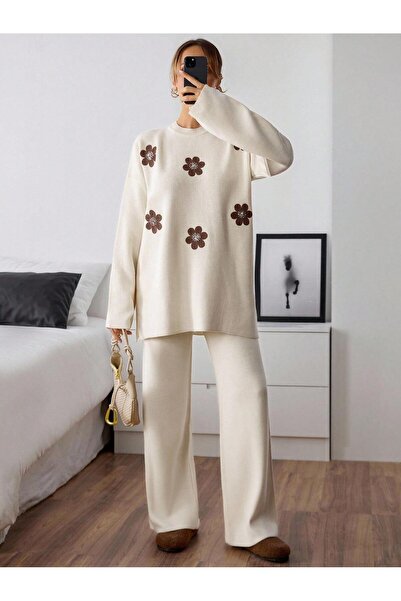 HEDEFNUR TEKSTİL Women's Knitwear Top and Bottom Set Acrylic Daisy Patterned Stretchy Set