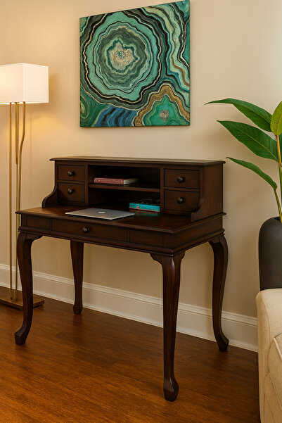 Wooding Mobilya 120 Cm 5 Çekmeceli Masif Koyu Ceviz Raflı Çalışma Masası