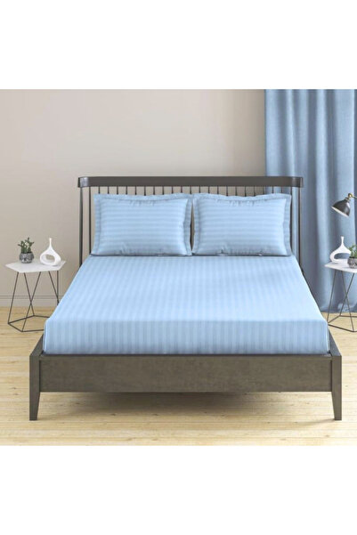 Kotonia Home Elastic bed cover, 100% cotton, Damask Satin, stripe size 1 cm, Bleu Ciel, 100x200+20 cm