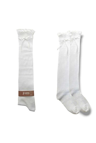 HAYEL 1 чифт дамски бели чорапи до коляното с дантелена украса и панделка, изработени от висококачествен памук