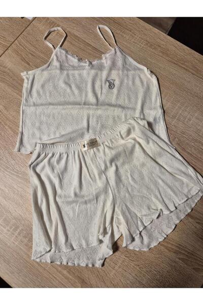 Victoria's Secret Pijama sexy dama, set 2 piese, top si pantaloni scurti, model romantic, Alb, M