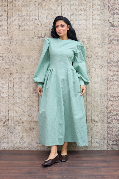 KÜÇÜĞÜM BUTİK Green Seersucker Pleated Long Women's Dress