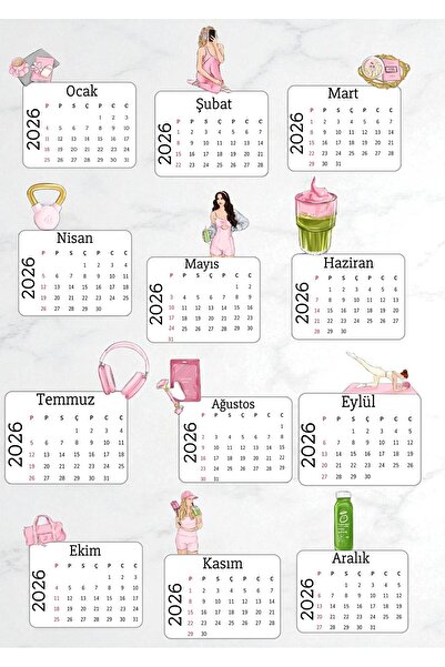 VORACRAFT 2026 Pilates Temalı Masa Takvimi, Ahşap Ayaklı Masa Takvimi TAK008