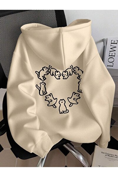 OVER HEAD Ženska majica sa kapuljačom sa 3 niti i printom srca i mačaka