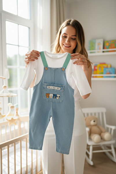 ALTINTAŞ BABY Green Color Knitted Jeans with Suspender Detail Seasonal 2-Piece Salopet