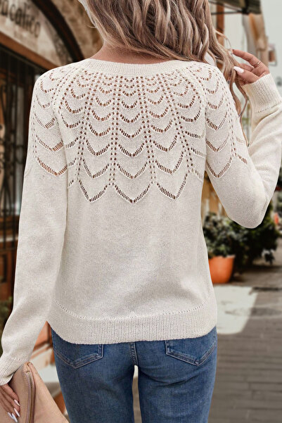 hanope Women's Openwork Patterned Crew Neck Casual Long Sleeve Knitwear Sweater White