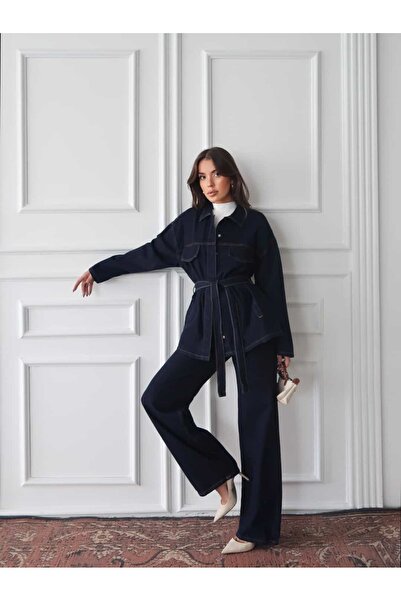 Swass Navy Blue Belted Wide Leg Denim Suit