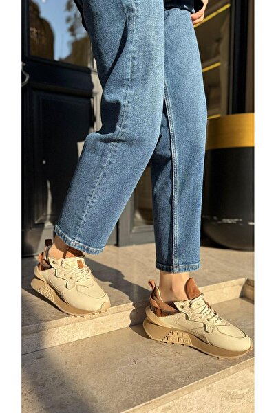BABLACK Dış Topuk Detaylı %100 Hakiki Deri Kadın Spor Bej