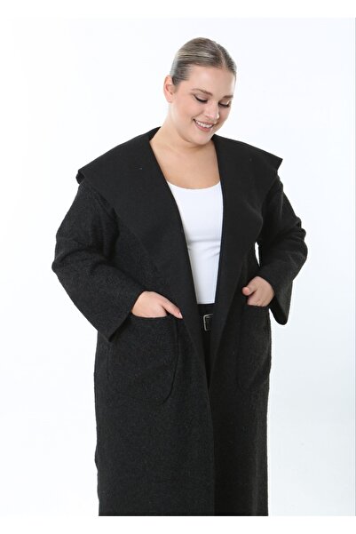 Butik Nilyam Kadın Büyük Beden Uzun Kapüşonlu Devrik Yaka Kırçıllı Kaşe Hırka Ceket Kaban 25055