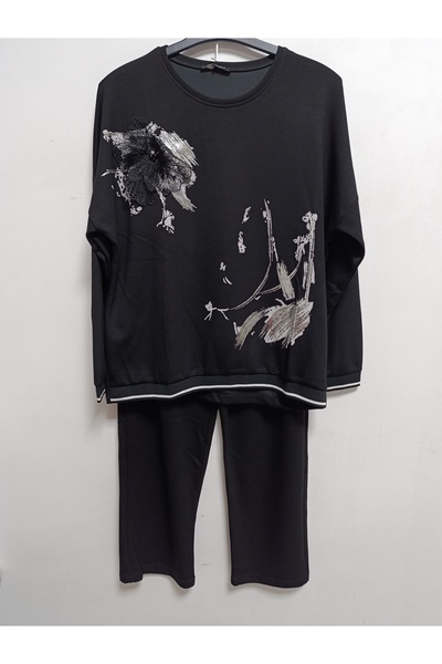 AKŞEN GİYİM Büyük Beden Modal Kumaş Fırça Desenli Alt Üst Takım