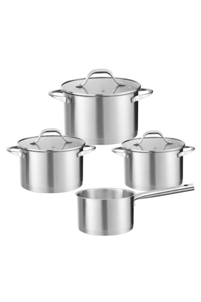 Zilan Pot set, 7 pieces made of stainless steel, consisting of 3 x pots, 1x saucepan with handle and 3 x glass lids / ZL