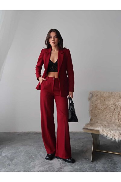 Swass Burgundy Straight Leg Classic Blazer Jacket and Fabric Trousers Suit