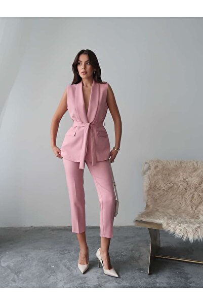 Swass Violet Kuşaklı Yelek Ve Yüksek Bel Pudra Pantolon Takım