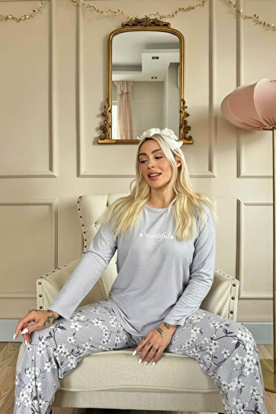 Pijamaevi Gray Beautiful Patterned Long Sleeve Bamboo Knitted Women's Pajama Set